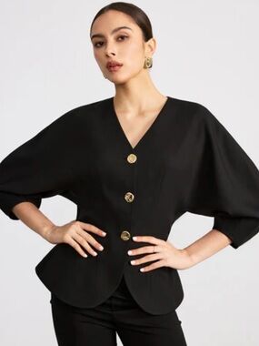 NWT Commense V neck Batwing black top with Gold Buttons -M